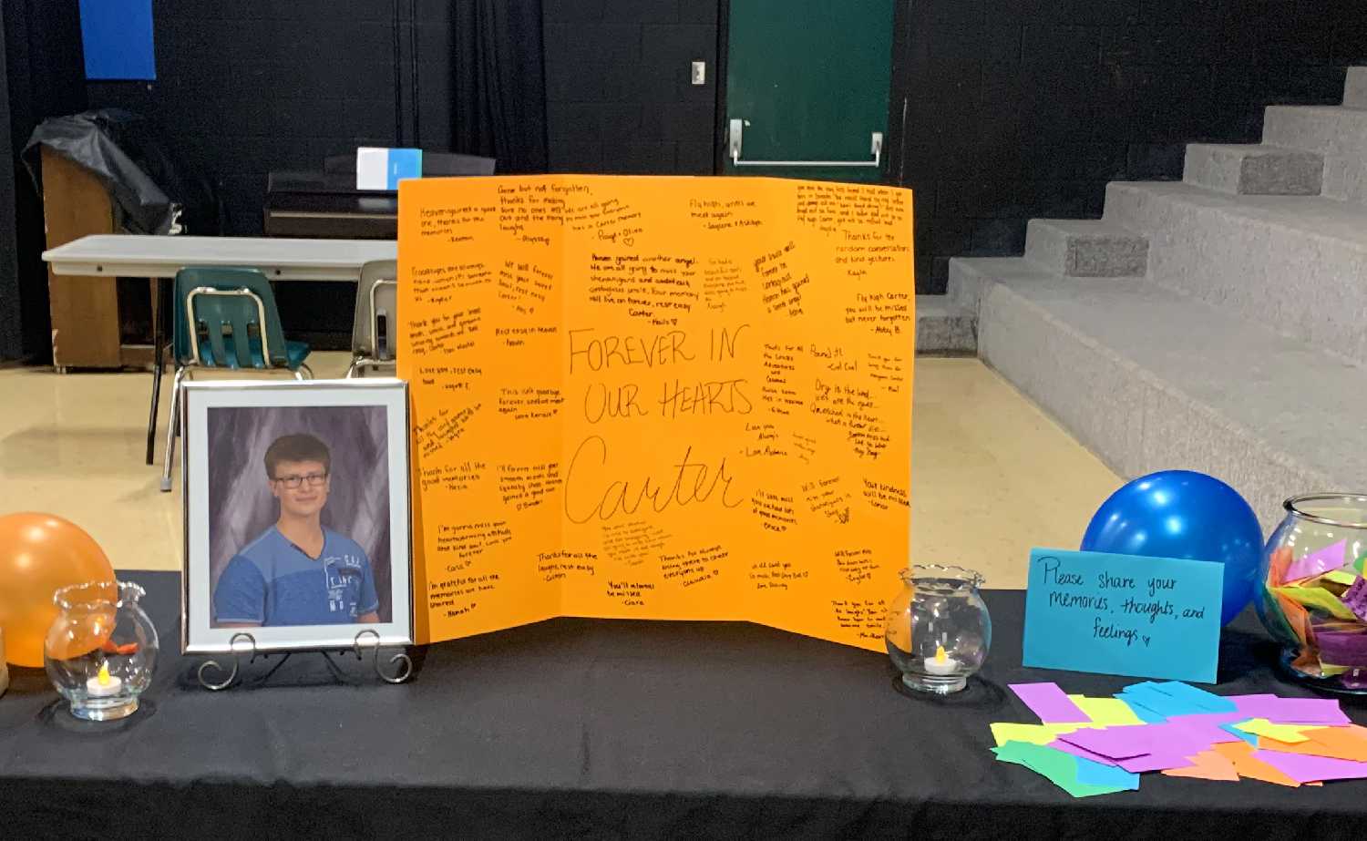 A memorial was set up for Carter Lawrence at McNaughton High School.